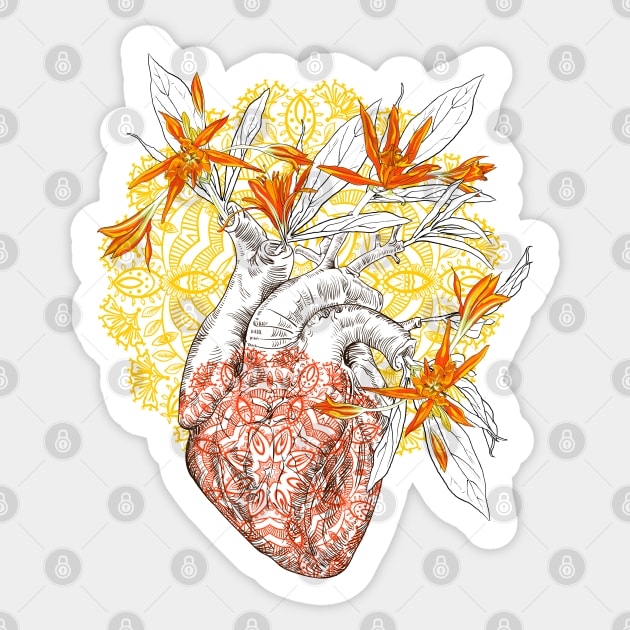 Human anatomical heart with flowers Sticker by Olga Berlet